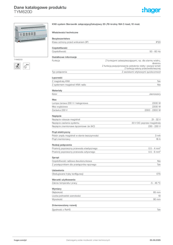 Zdjęcie Hager Dane katalogowe produktu TYM620D | Hager Polska