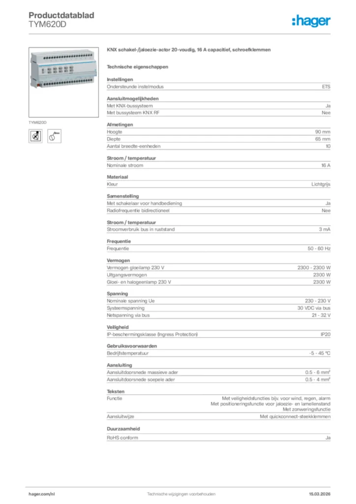 Afbeelding Hager Productdatablad TYM620D | Hager Nederland