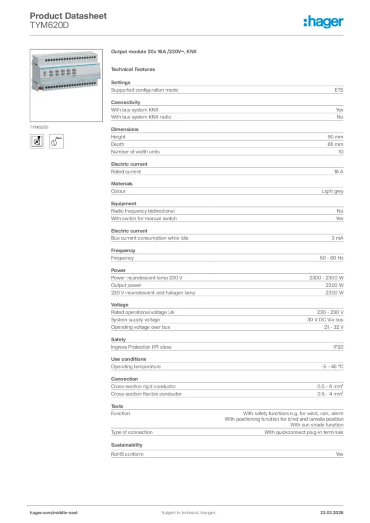 Image Hager Product data sheet TYM620D  | Hager