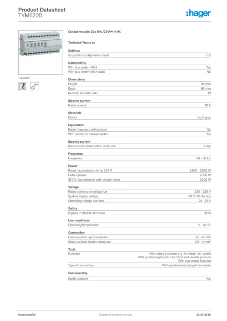 Image Hager Product data sheet TYM620D  | Hager Australia