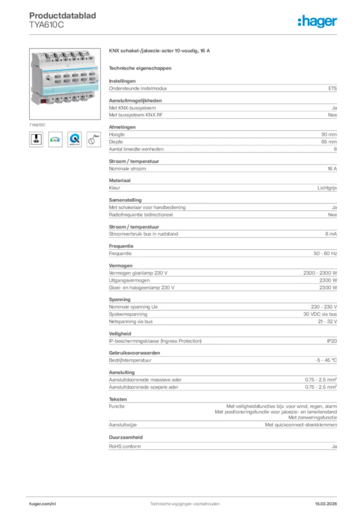 Afbeelding Hager Productdatablad TYA610C | Hager Nederland
