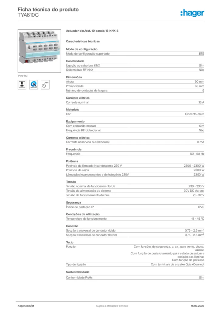 Imagem Hager Ficha técnica do produto TYA610C | Hager Portugal