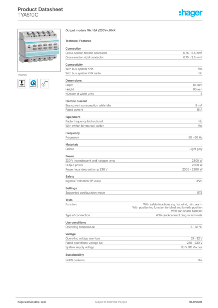 Image Hager Product data sheet TYA610C  | Hager