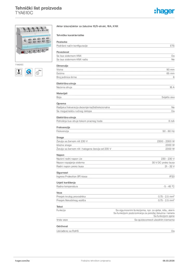 Slika Hager Tehnički list proizvoda TYA610C  | Hager