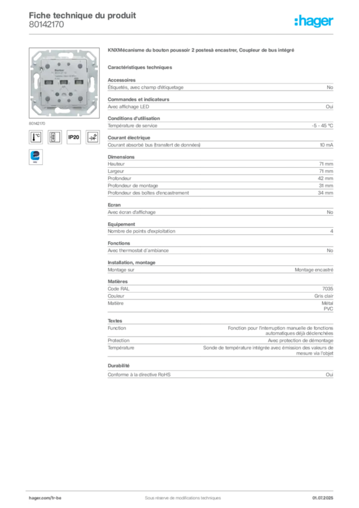 Image Hager Fiche technique du produit 80142170 | Hager Belgique