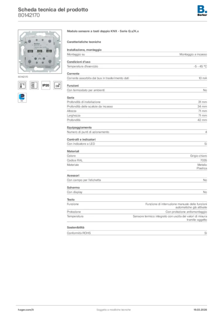 Immagine Berker Scheda tecnica del prodotto 80142170 | Hager Italia