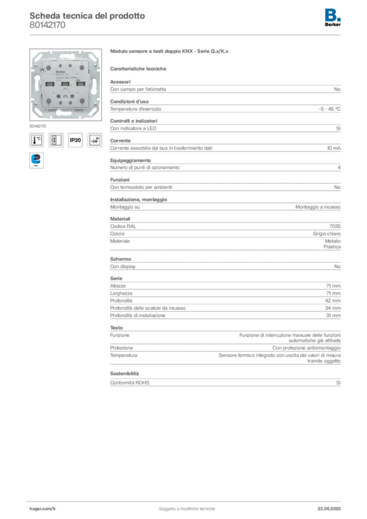 Immagine Berker Scheda tecnica del prodotto 80142170 | Hager Italia