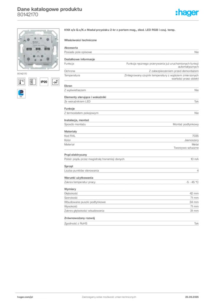 Zdjęcie Hager Dane katalogowe produktu 80142170 | Hager Polska