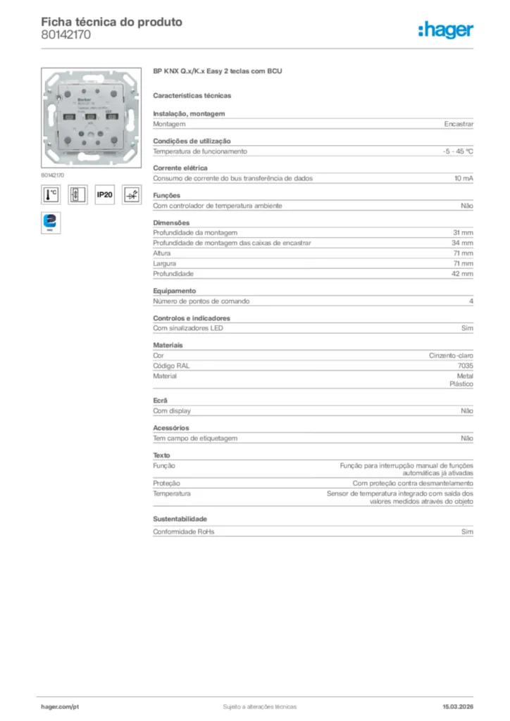 Imagem Hager Ficha técnica do produto 80142170 | Hager Portugal