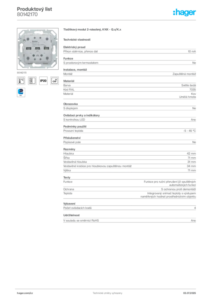 Obrázek Hager Produktový list 80142170 | Hager