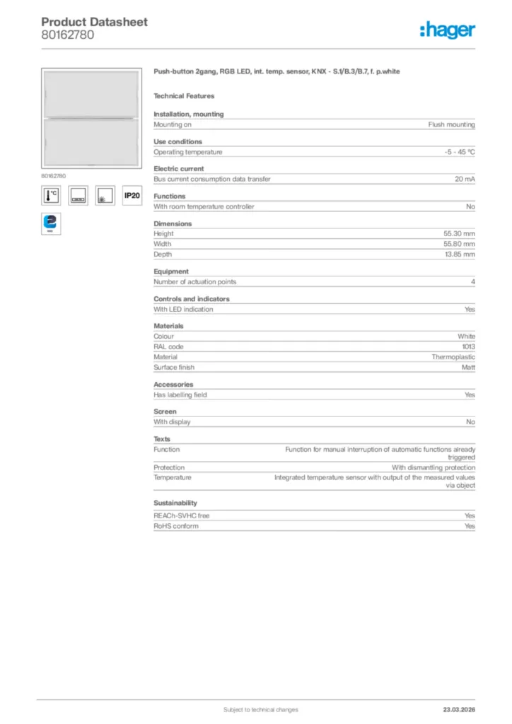 Image Hager Product data sheet 80162780  | Hager Africa