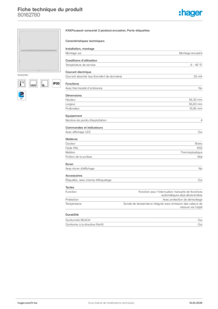 Image Hager Fiche technique du produit 80162780 | Hager Belgique