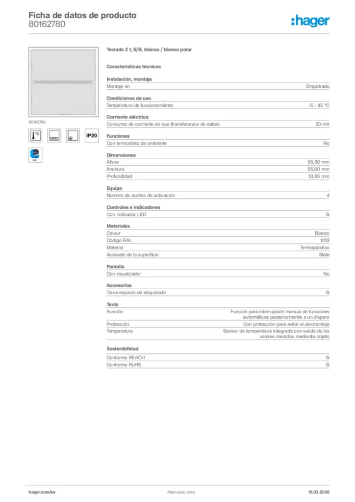 Imagen Hager Ficha de datos de producto 80162780 | Hager España