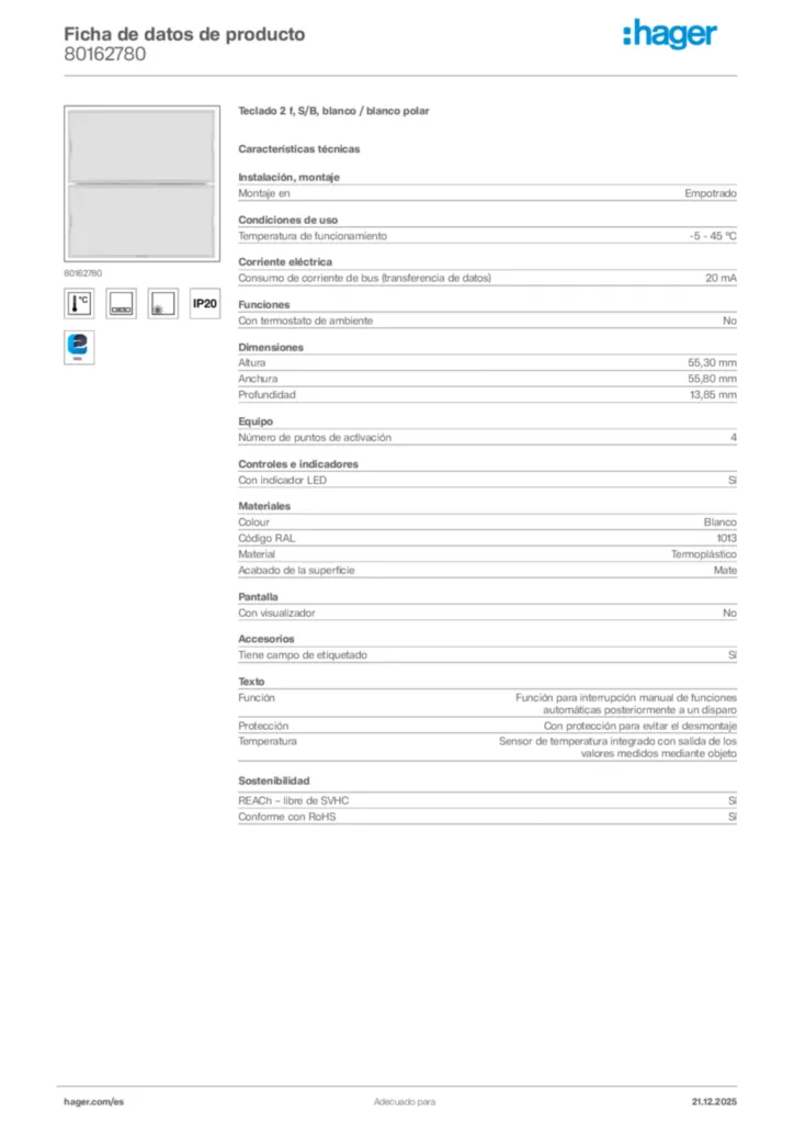 Imagen Hager Ficha de datos de producto 80162780 | Hager España