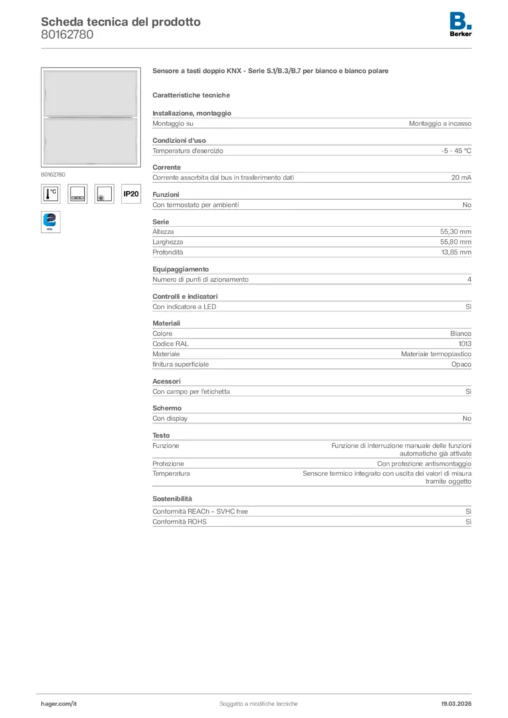 Immagine Berker Scheda tecnica del prodotto 80162780 | Hager Italia