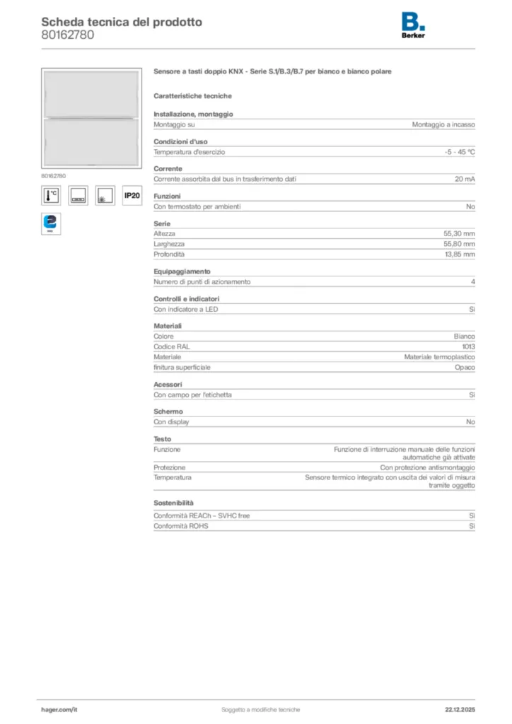 Immagine Berker Scheda tecnica del prodotto 80162780 | Hager Italia