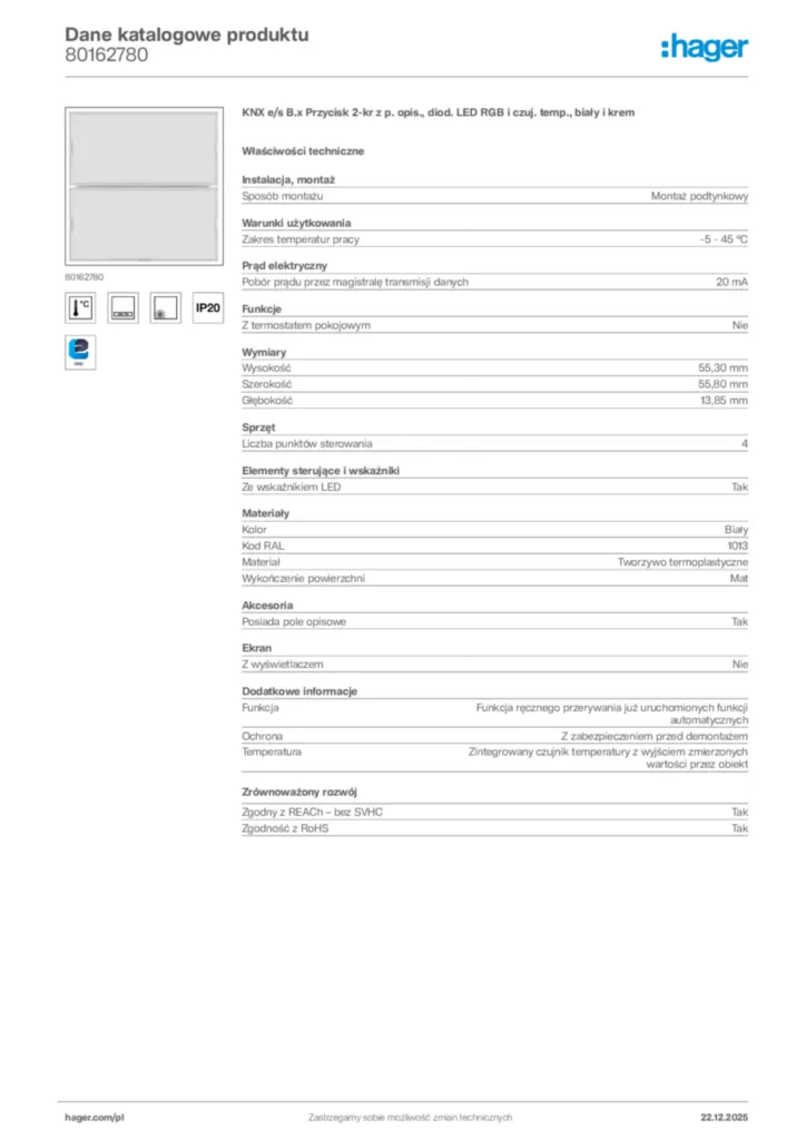 Zdjęcie Hager Dane katalogowe produktu 80162780 | Hager Polska