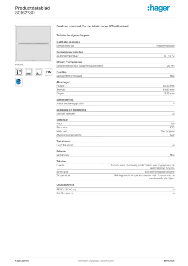 Afbeelding Hager Productdatablad 80162780 | Hager Nederland