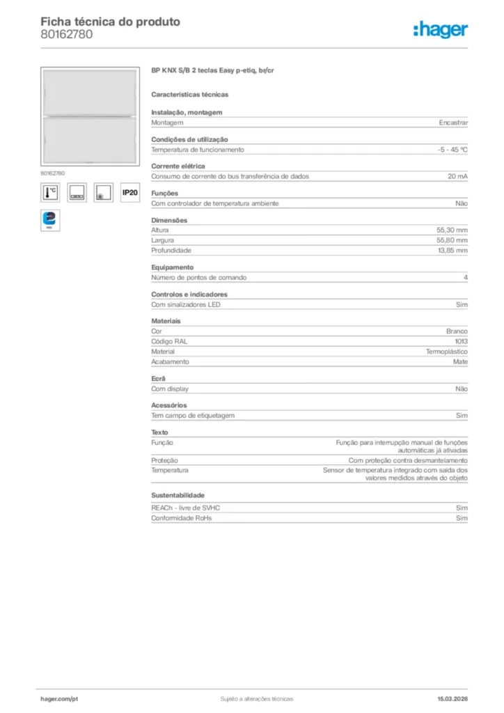 Imagem Hager Ficha técnica do produto 80162780 | Hager Portugal