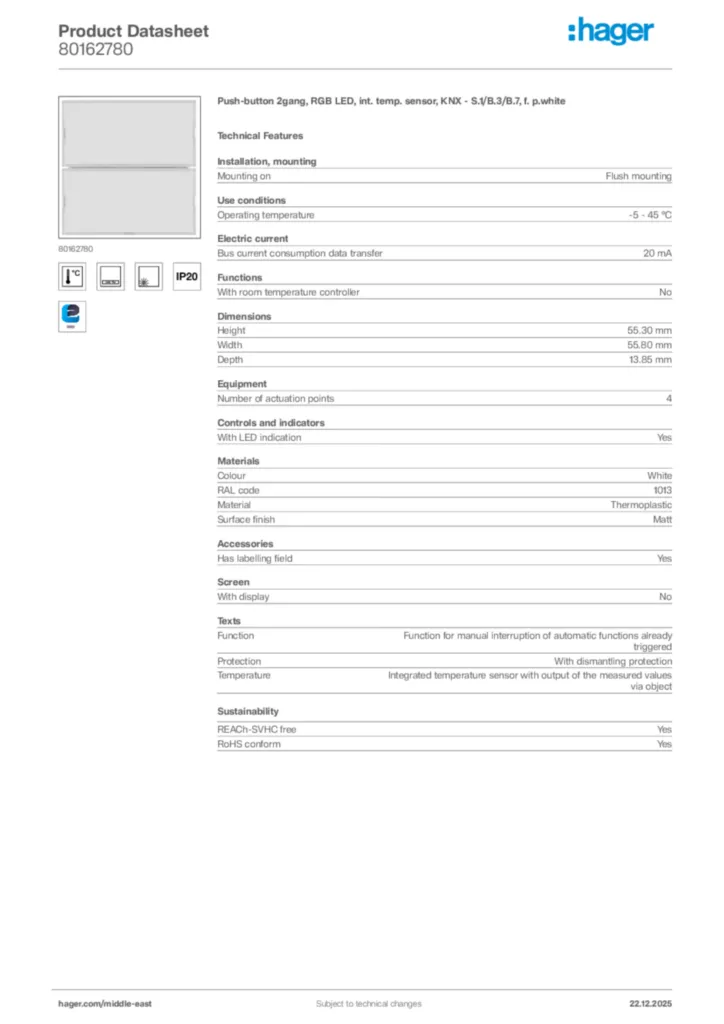 Image Hager Product data sheet 80162780  | Hager