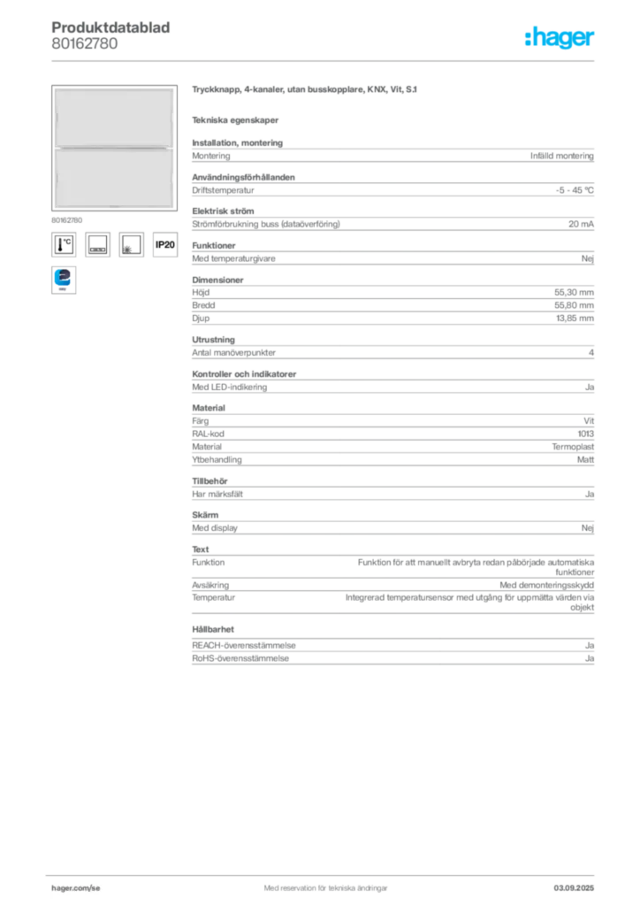 Bild Hager Produktdatablad 80162780 | Hager Sverige