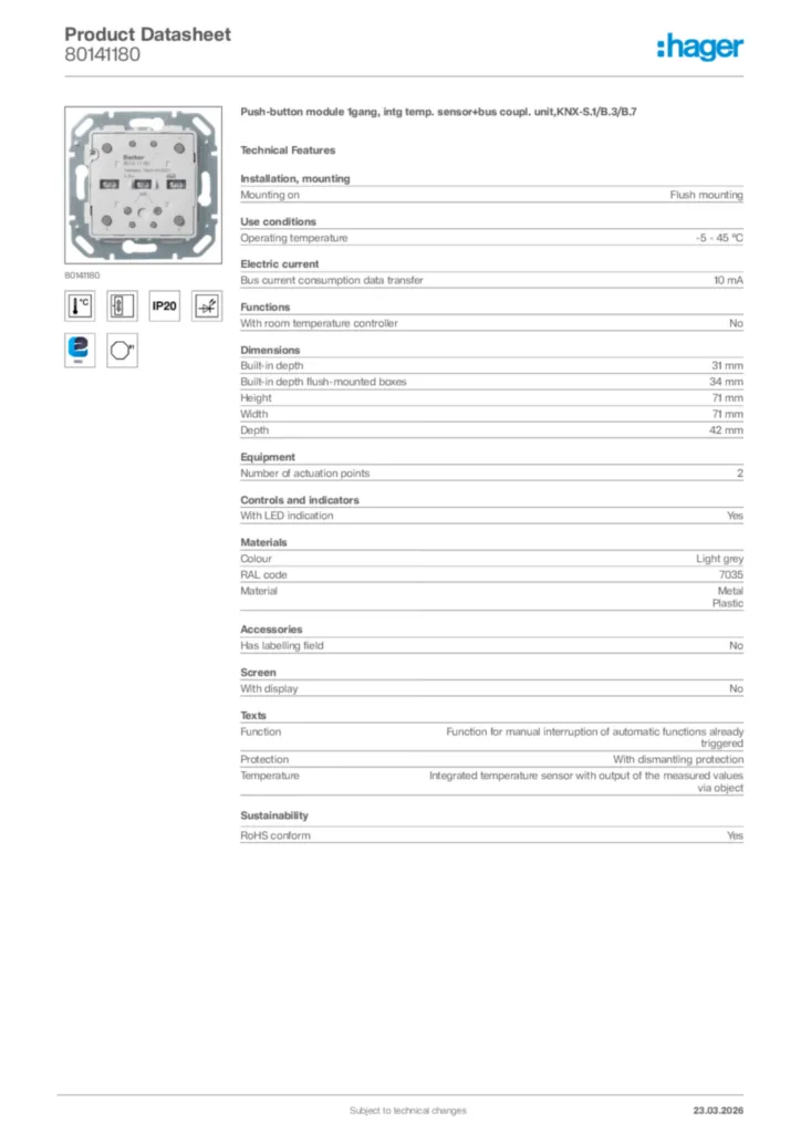 Image Hager Product data sheet 80141180  | Hager Africa