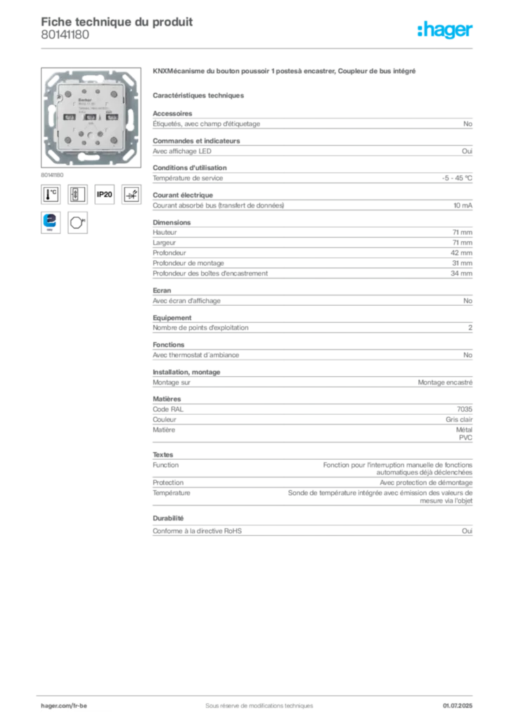 Image Hager Fiche technique du produit 80141180 | Hager Belgique