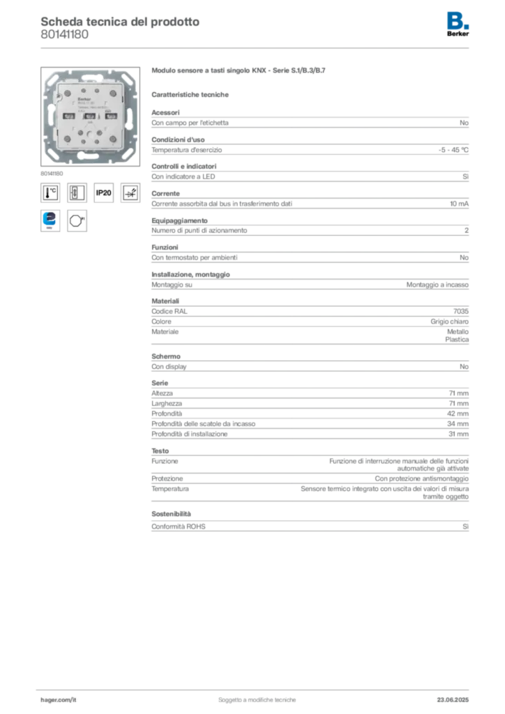 Immagine Berker Scheda tecnica del prodotto 80141180 | Hager Italia