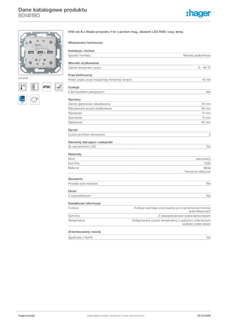 Zdjęcie Hager Dane katalogowe produktu 80141180 | Hager Polska