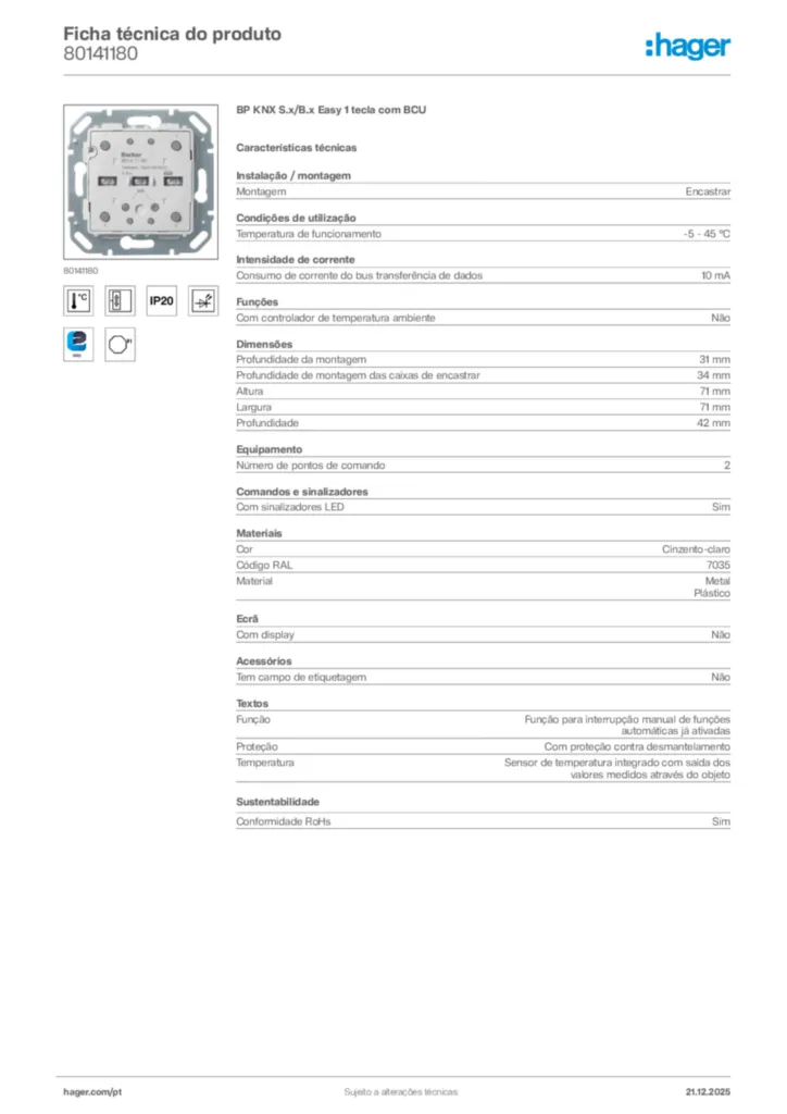 Imagem Hager Ficha técnica do produto 80141180 | Hager Portugal