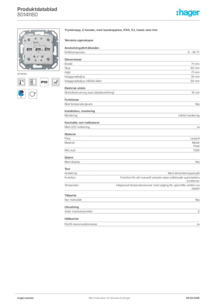 Bild Hager Produktdatablad 80141180 | Hager Sverige