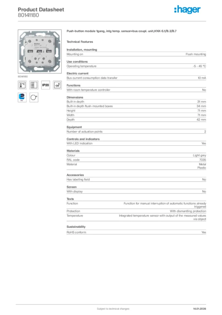Image Hager Product data sheet 80141180  | Hager