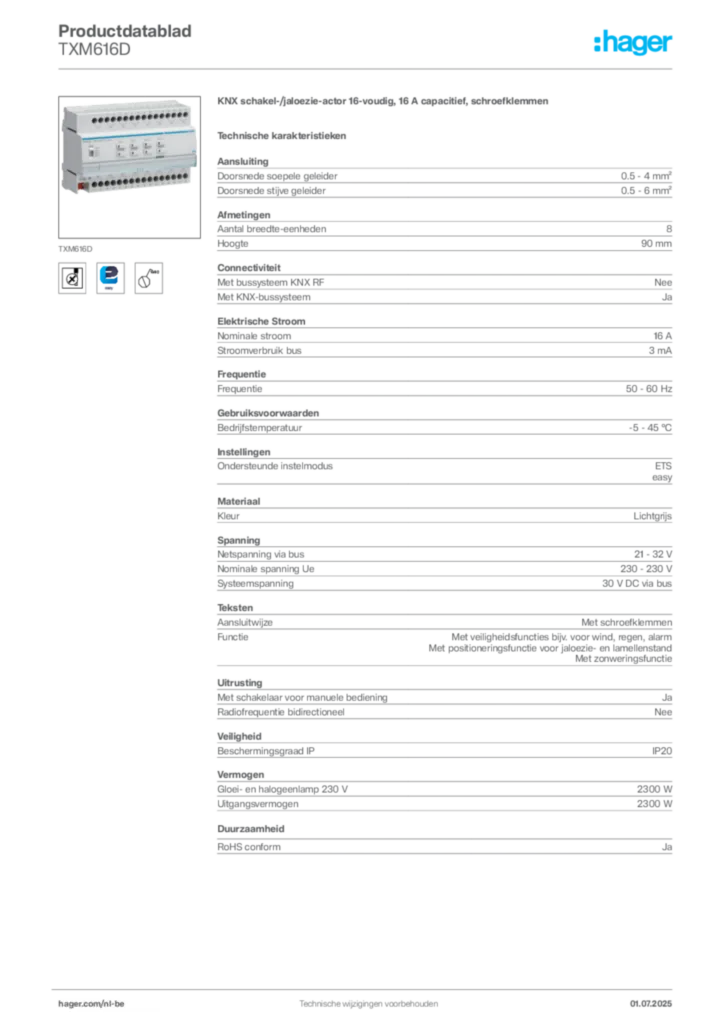 Afbeelding Hager Productdatablad TXM616D | Hager Belgium