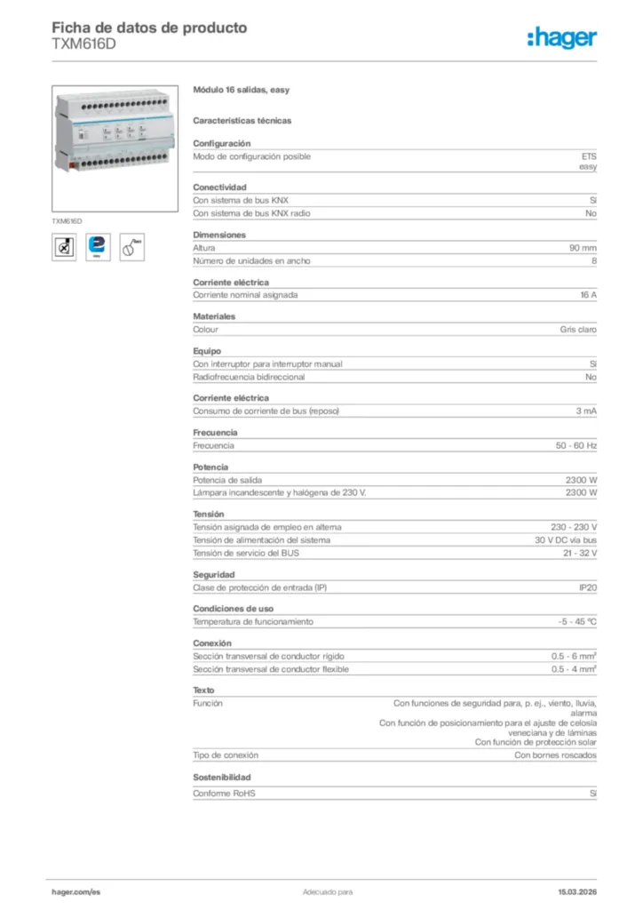 Imagen Hager Ficha de datos de producto TXM616D | Hager España
