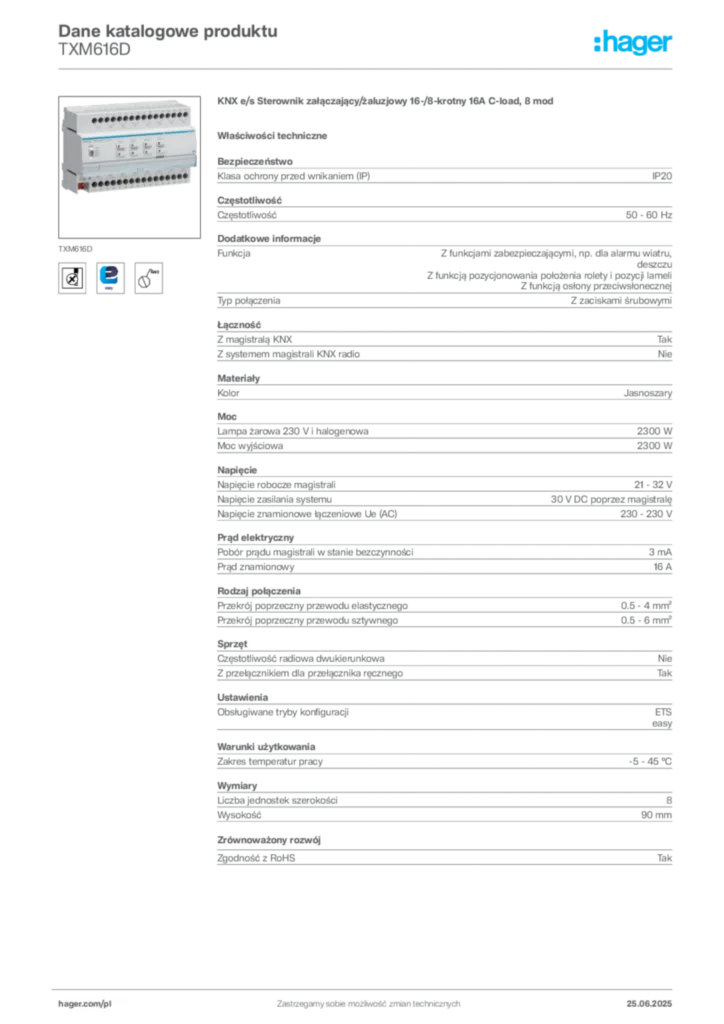 Zdjęcie Hager Dane katalogowe produktu TXM616D | Hager Polska