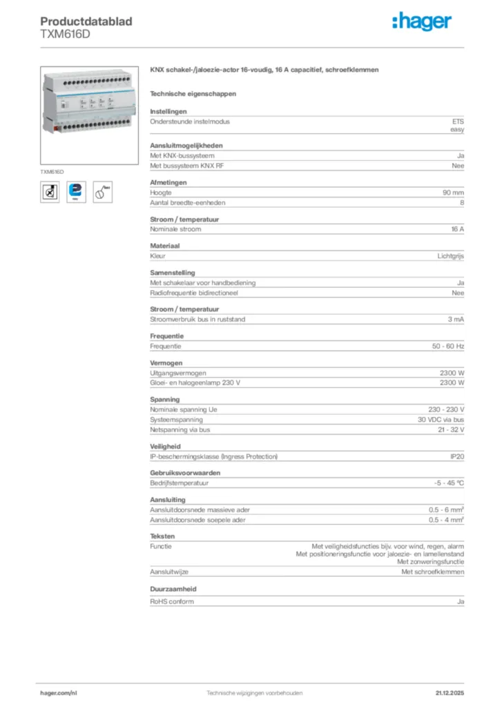 Afbeelding Hager Productdatablad TXM616D | Hager Nederland