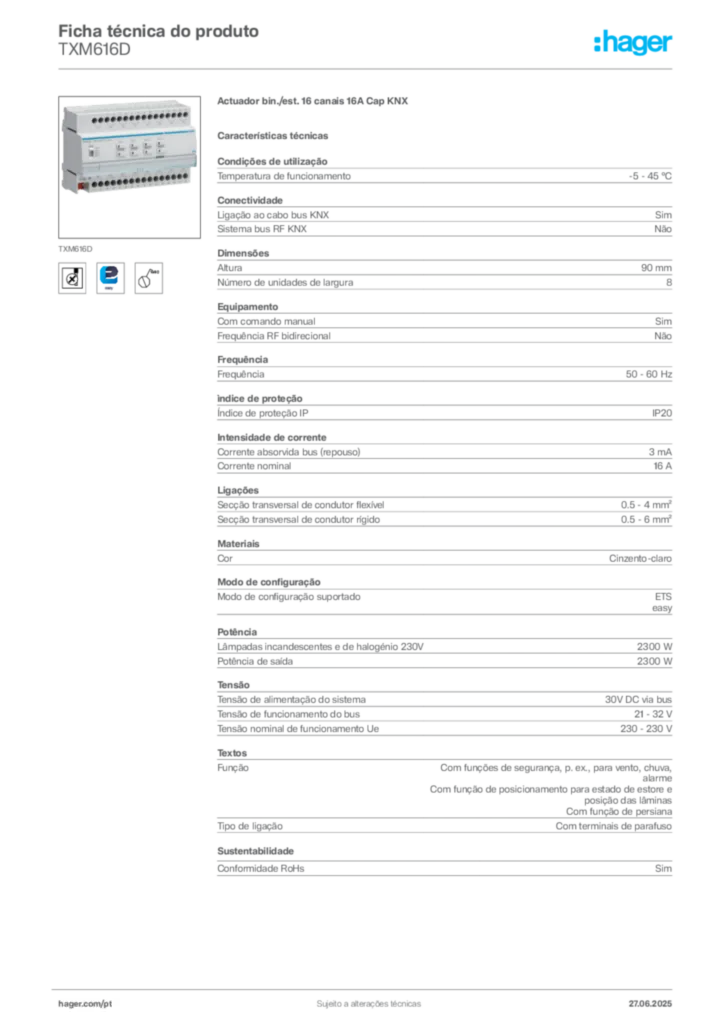 Imagem Hager Ficha técnica do produto TXM616D | Hager Portugal