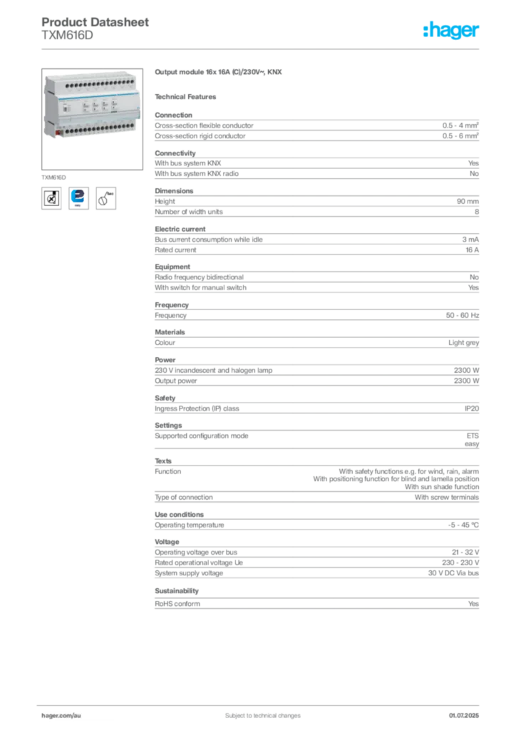 Image Hager Product data sheet TXM616D  | Hager Australia