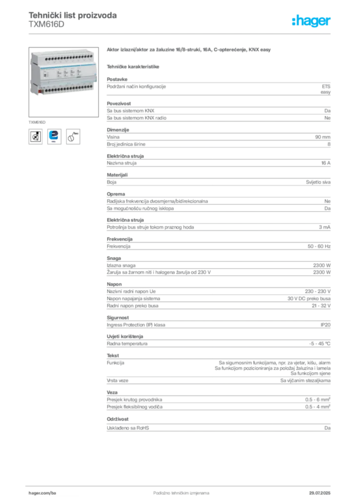 Slika Hager Product data sheet TXM616D  | Hager