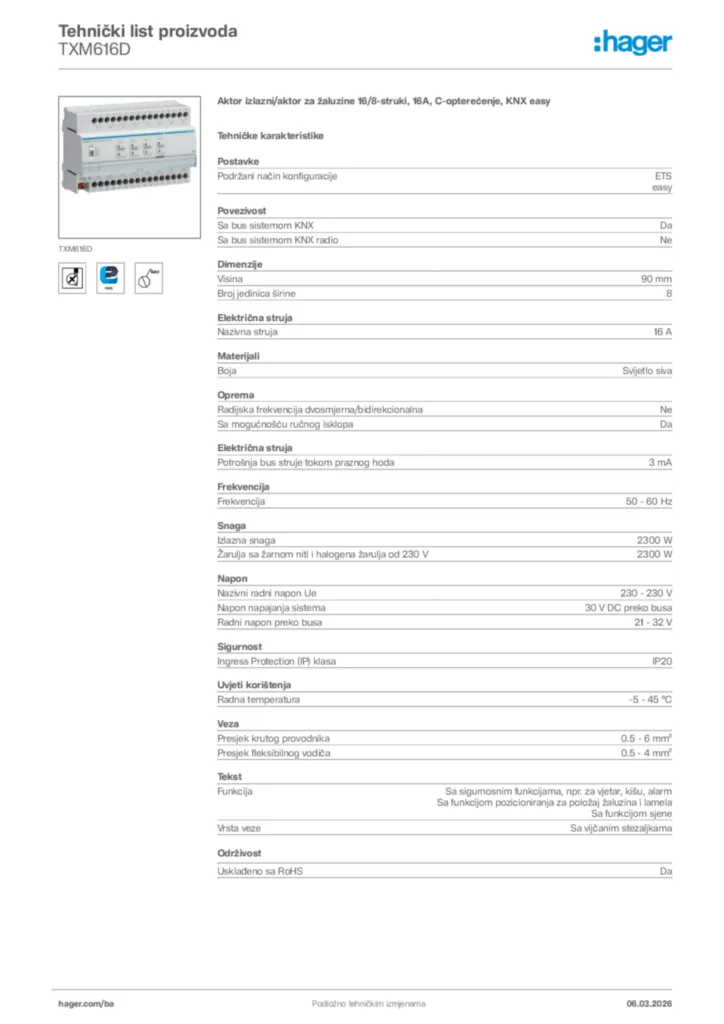 Slika Hager Tehnički list proizvoda TXM616D  | Hager