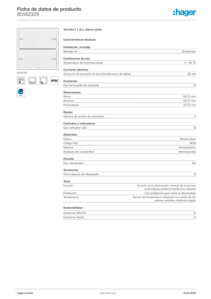 Imagen Hager Ficha de datos de producto 80142329 | Hager España