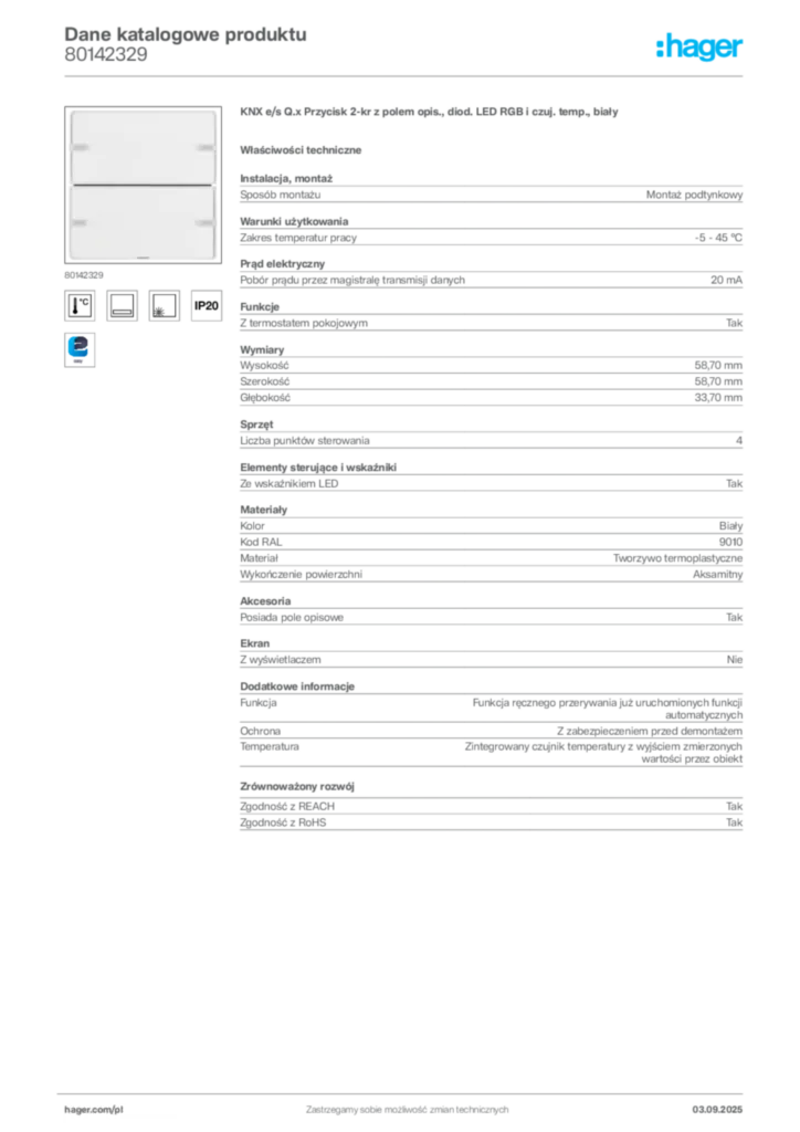 Zdjęcie Hager Dane katalogowe produktu 80142329 | Hager Polska