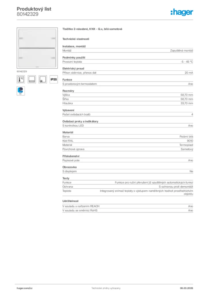 Obrázek Hager Product data sheet 80142329 | Hager