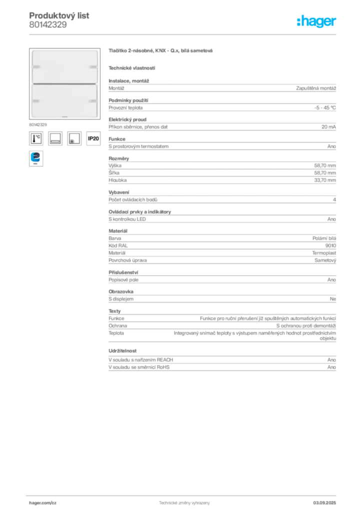 Obrázek Hager Produktový list 80142329 | Hager