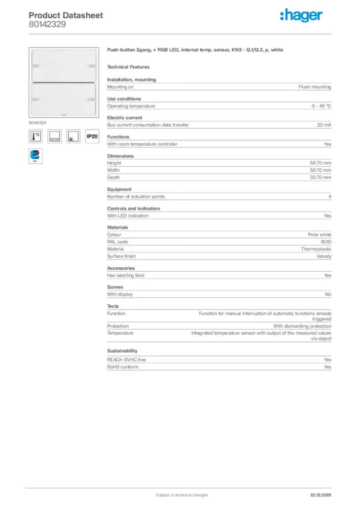 Image Hager Product data sheet 80142329  | Hager