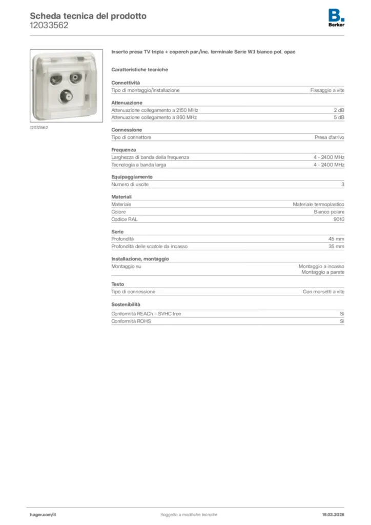 Immagine Berker Scheda tecnica del prodotto 12033562 | Hager Italia