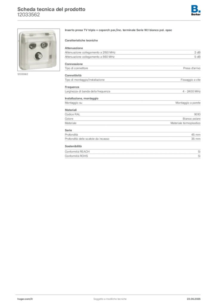 Immagine Berker Scheda tecnica del prodotto 12033562 | Hager Italia