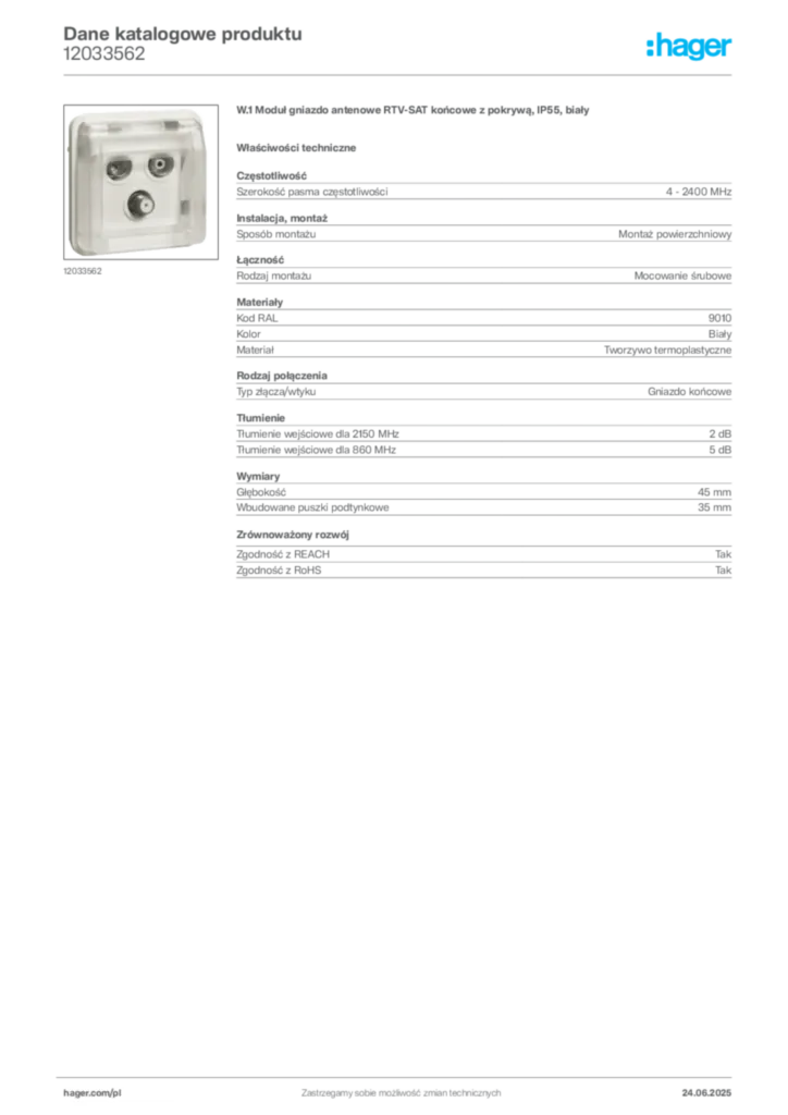 Zdjęcie Hager Dane katalogowe produktu 12033562 | Hager Polska