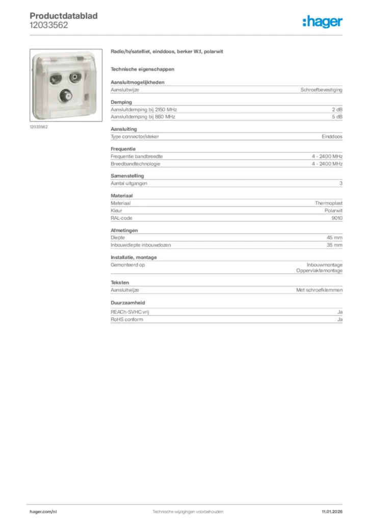 Afbeelding Hager Productdatablad 12033562 | Hager Nederland