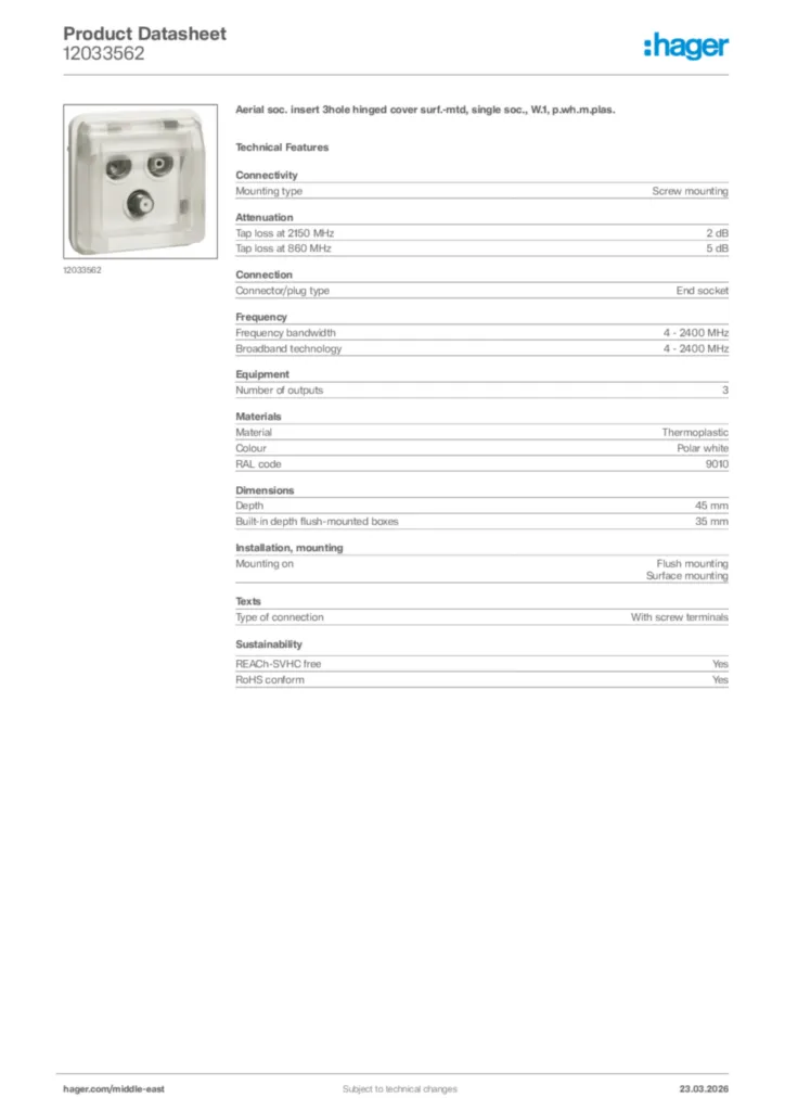 Image Hager Product data sheet 12033562  | Hager